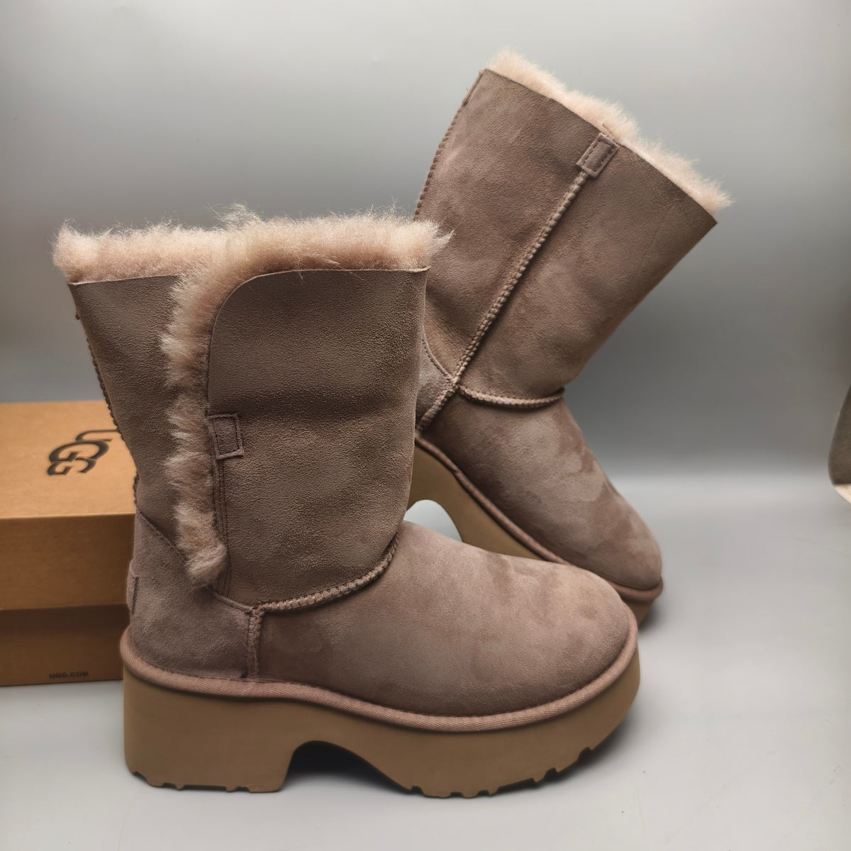 Chestnut Lace-Up Wedge Ankle Boots with Fluffy Trim | 1532