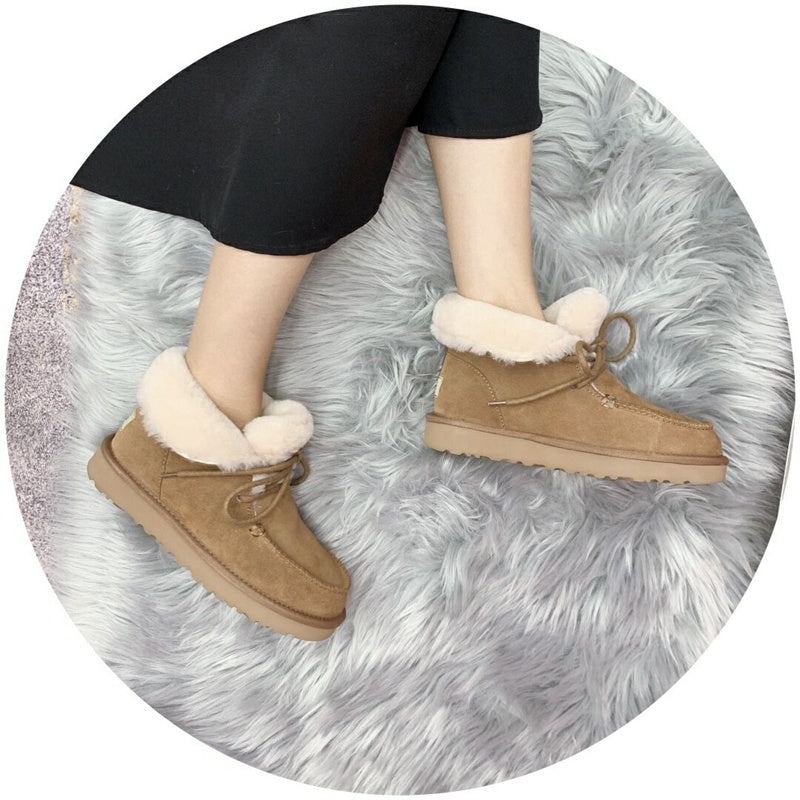 Chestnut Lace-Up Ankle Boots with Turned-Out Fluffy Trim | 3090