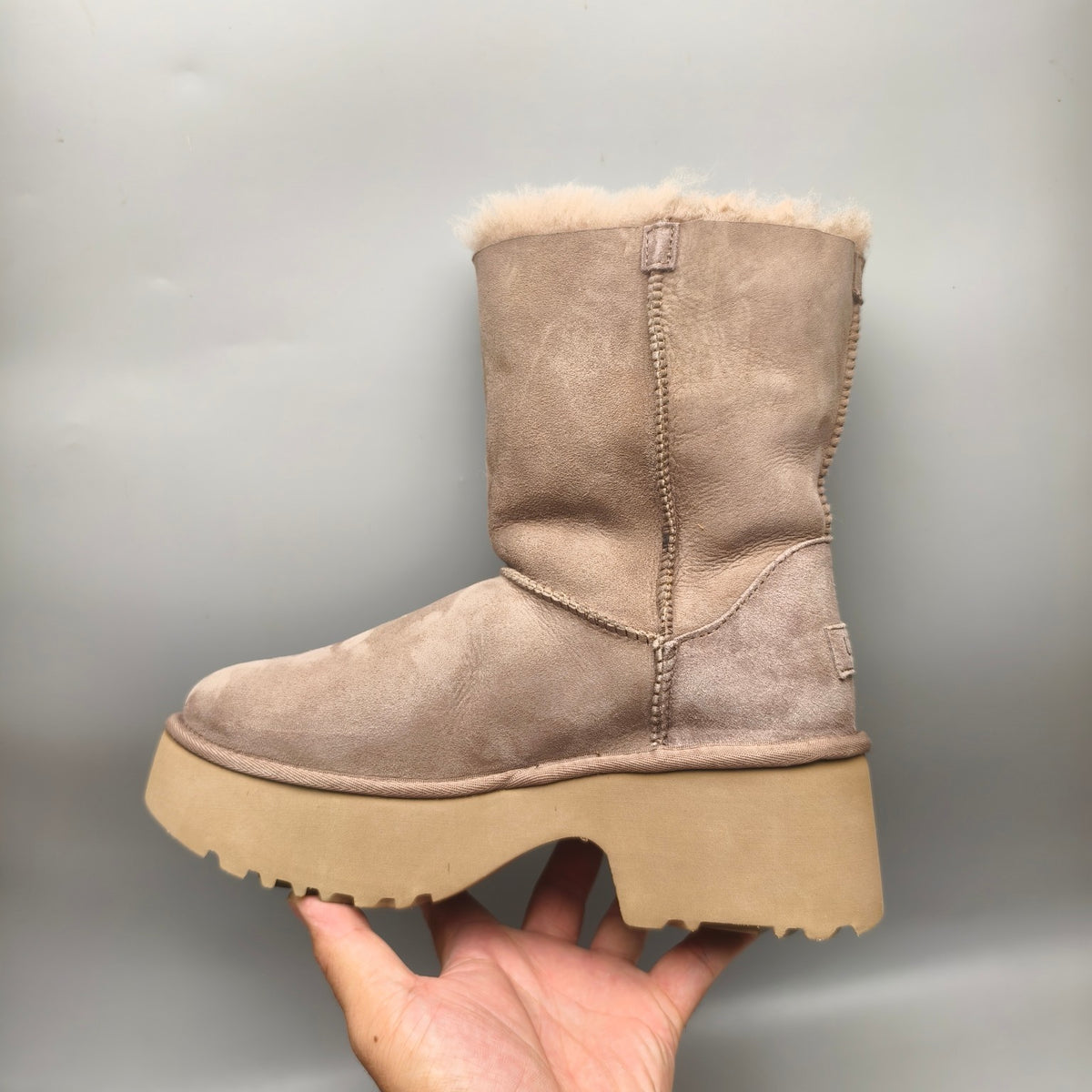 Chestnut Lace-Up Wedge Ankle Boots with Fluffy Trim | 1532