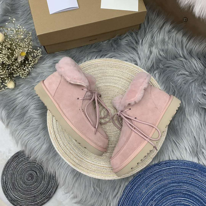 Pink Lace-Up Ankle Boots with Turned-Out Fluffy Trim | 3090