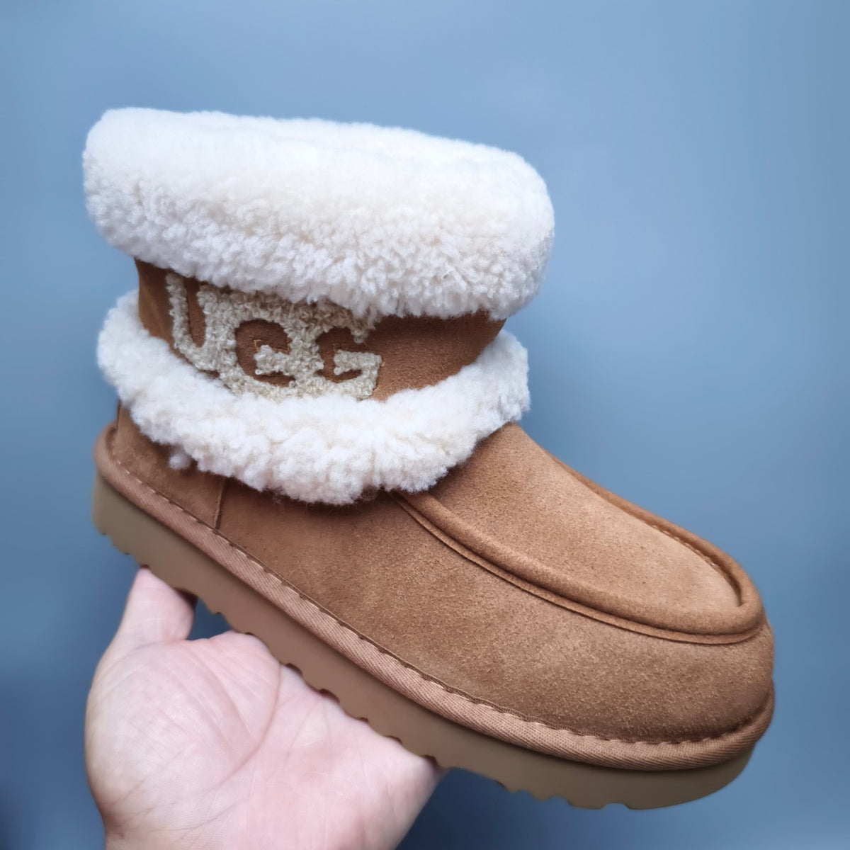 Chestnut Curly-Textured Mid-Top Boots with Oversized Logo | 5410