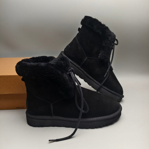 Black Lace-Up Mid-Calf Casual Boots | 4576
