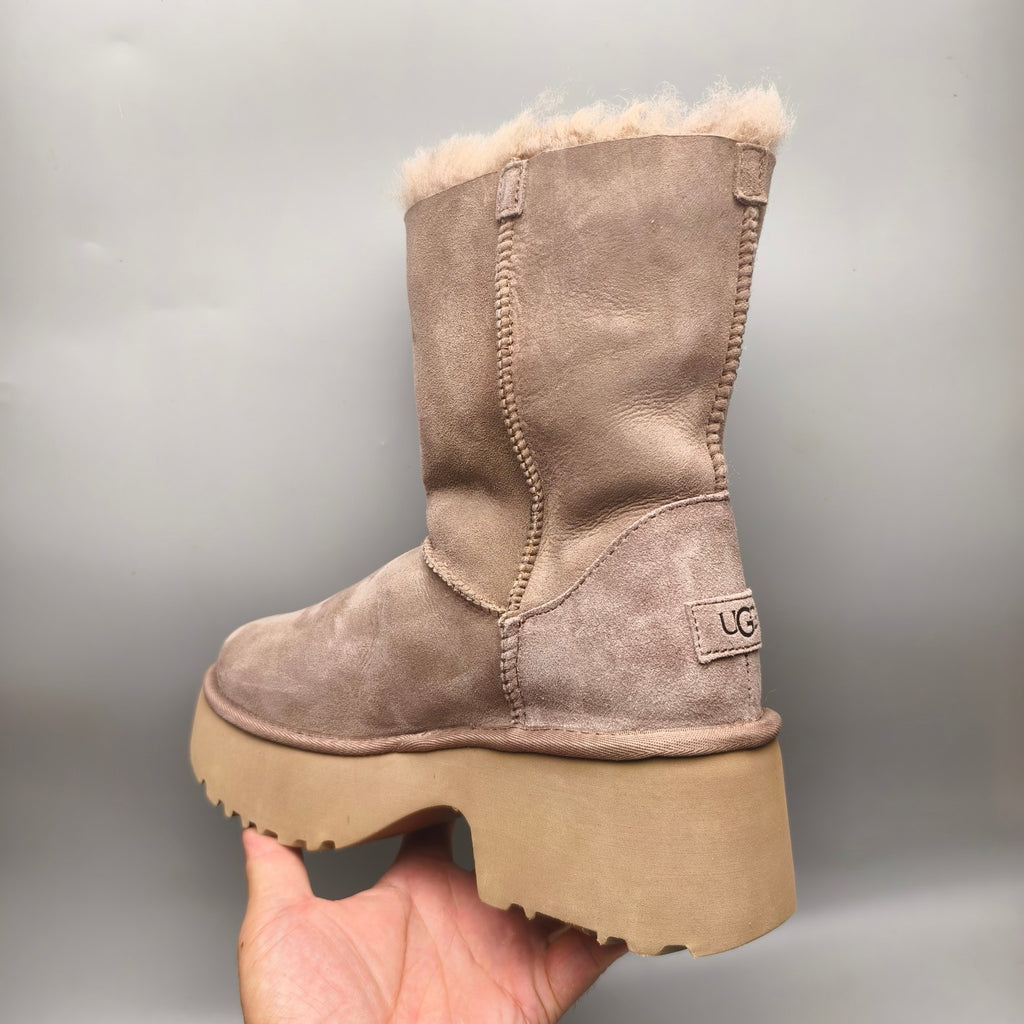 Chestnut Lace-Up Wedge Ankle Boots with Fluffy Trim | 1532