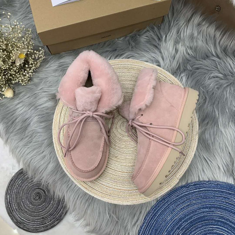 Pink Lace-Up Ankle Boots with Turned-Out Fluffy Trim | 3090