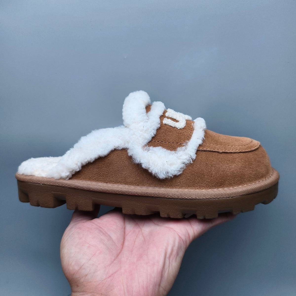 Chestnut Curly Plush Slippers with Oversized Logo | 1206