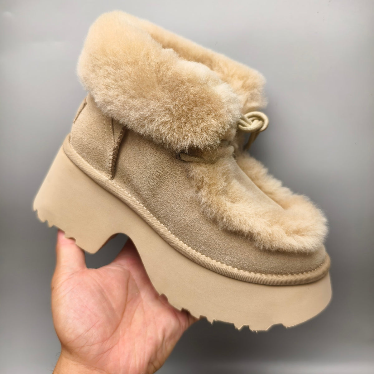 Mustard Lace-Up Wedge Ankle Boots with Fluffy Trim | 1532
