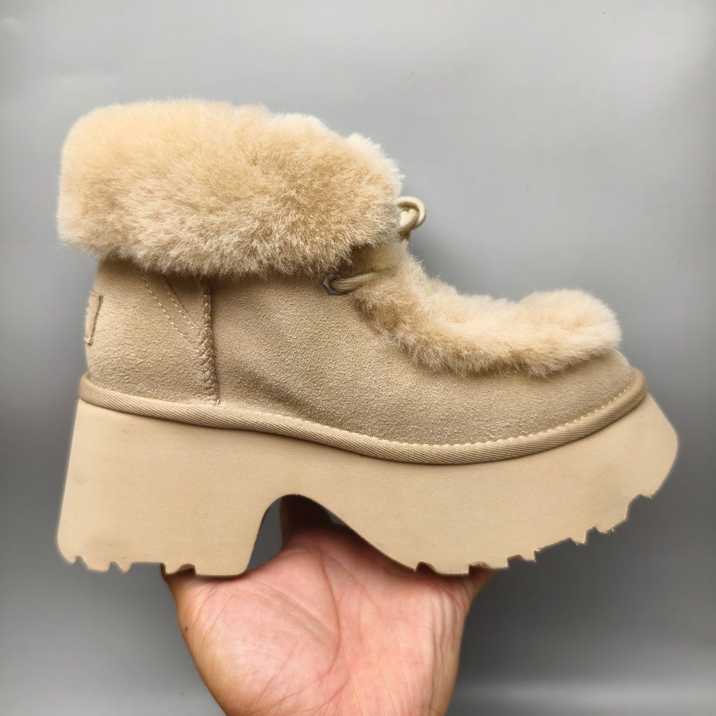Mustard Lace-Up Wedge Ankle Boots with Fluffy Trim | 1532