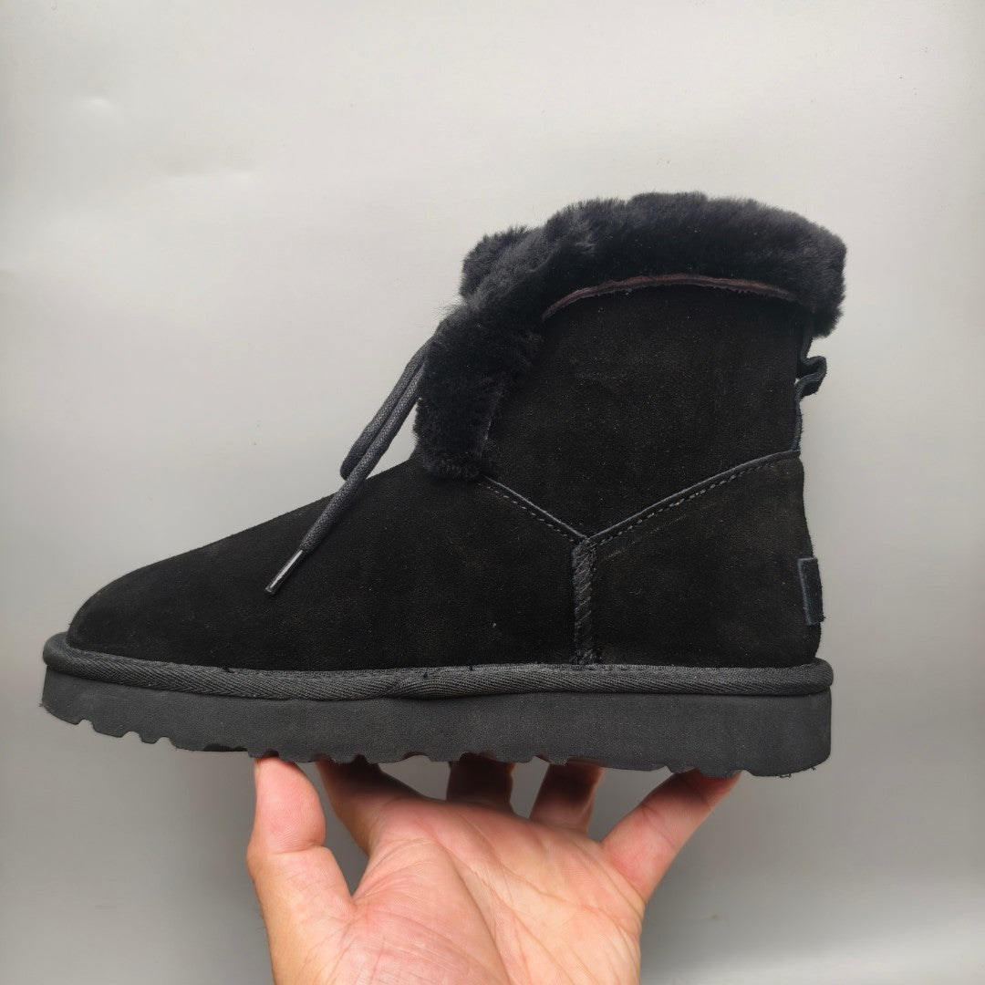 Black Lace-Up Mid-Calf Casual Boots | 4576