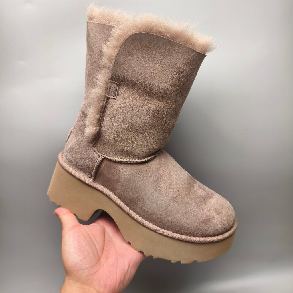 Chestnut Lace-Up Wedge Ankle Boots with Fluffy Trim | 1532