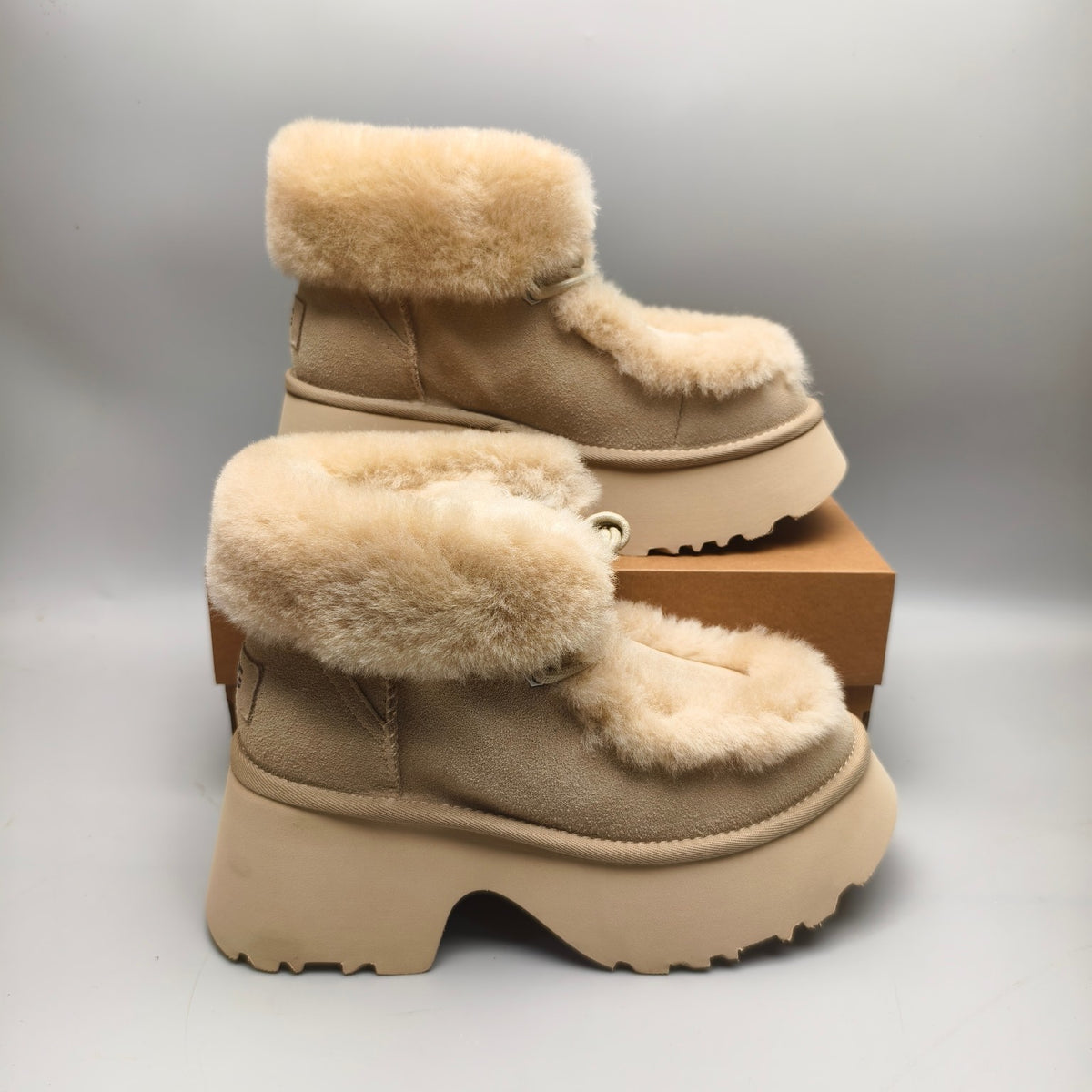 Mustard Lace-Up Wedge Ankle Boots with Fluffy Trim | 1532