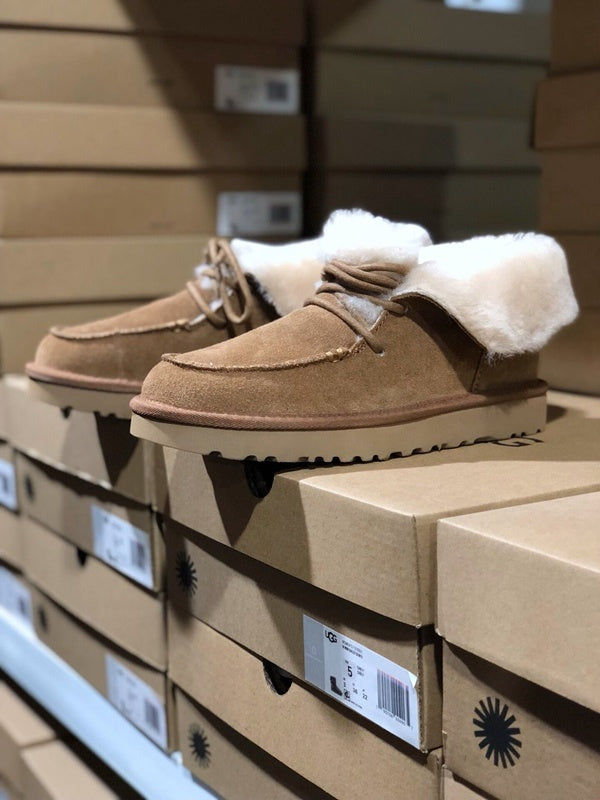 Chestnut Lace-Up Ankle Boots with Turned-Out Fluffy Trim | 3090