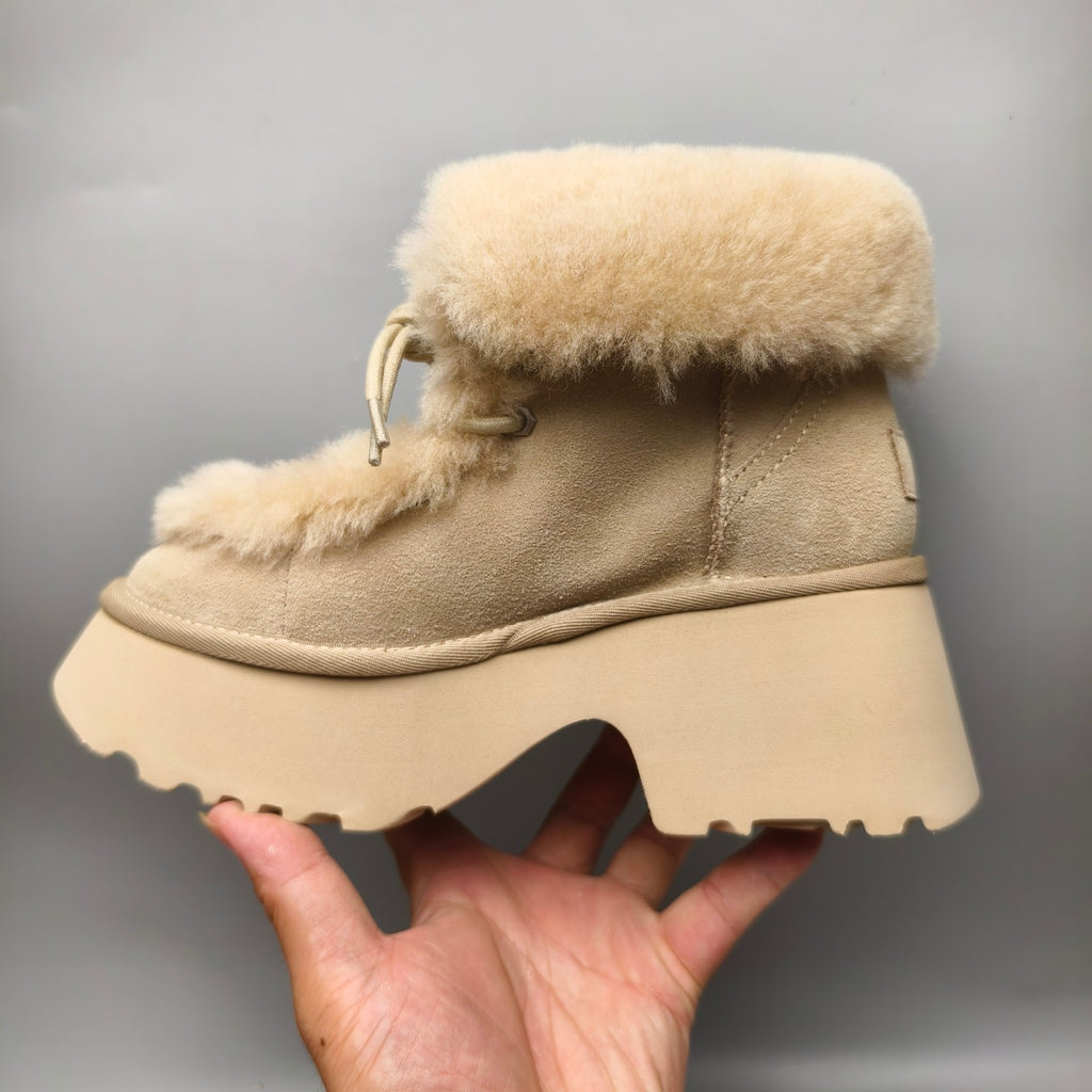 Mustard Lace-Up Wedge Ankle Boots with Fluffy Trim | 1532