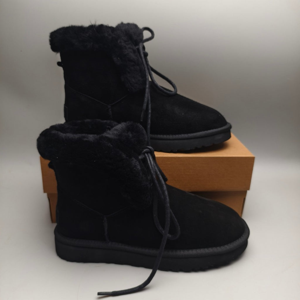 Black Lace-Up Mid-Calf Casual Boots | 4576