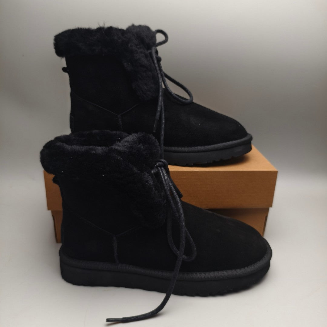 Black Lace-Up Mid-Calf Casual Boots | 4576