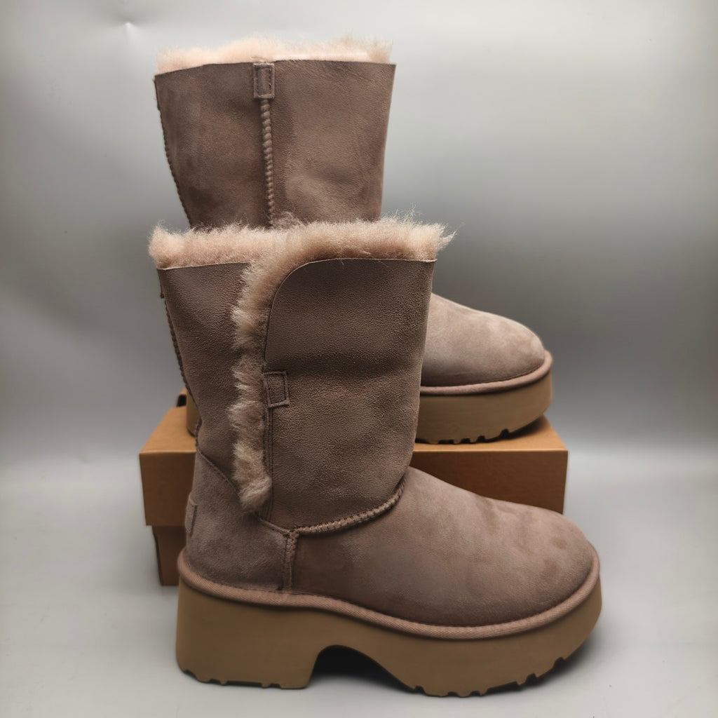Chestnut Lace-Up Wedge Ankle Boots with Fluffy Trim | 1532