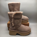 Chestnut Lace-Up Wedge Ankle Boots with Fluffy Trim | 1532