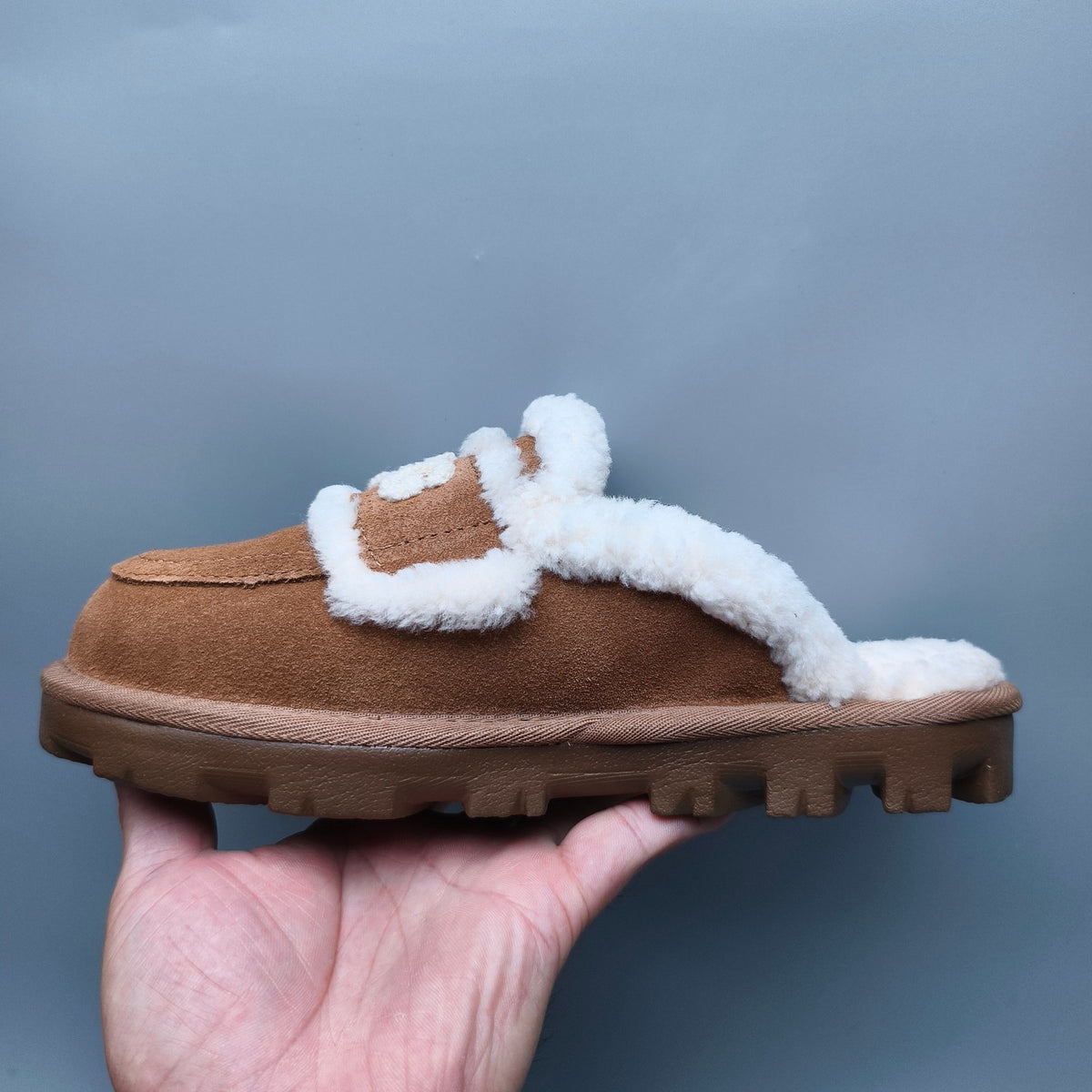 Chestnut Curly Plush Slippers with Oversized Logo | 1206