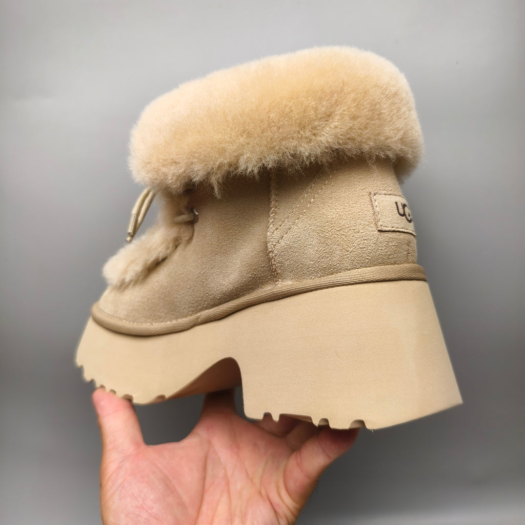 Mustard Lace-Up Wedge Ankle Boots with Fluffy Trim | 1532