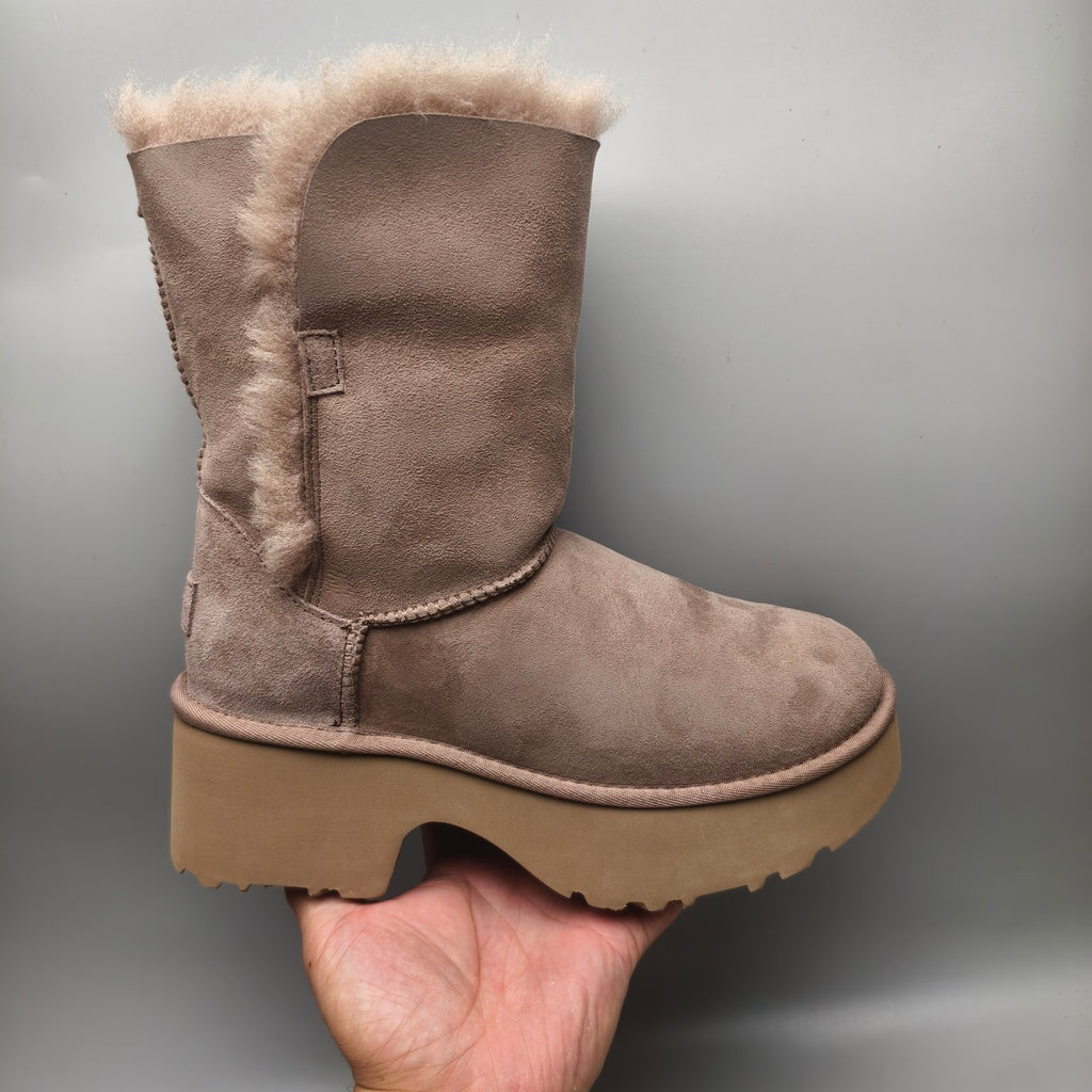 Chestnut Lace-Up Wedge Ankle Boots with Fluffy Trim | 1532