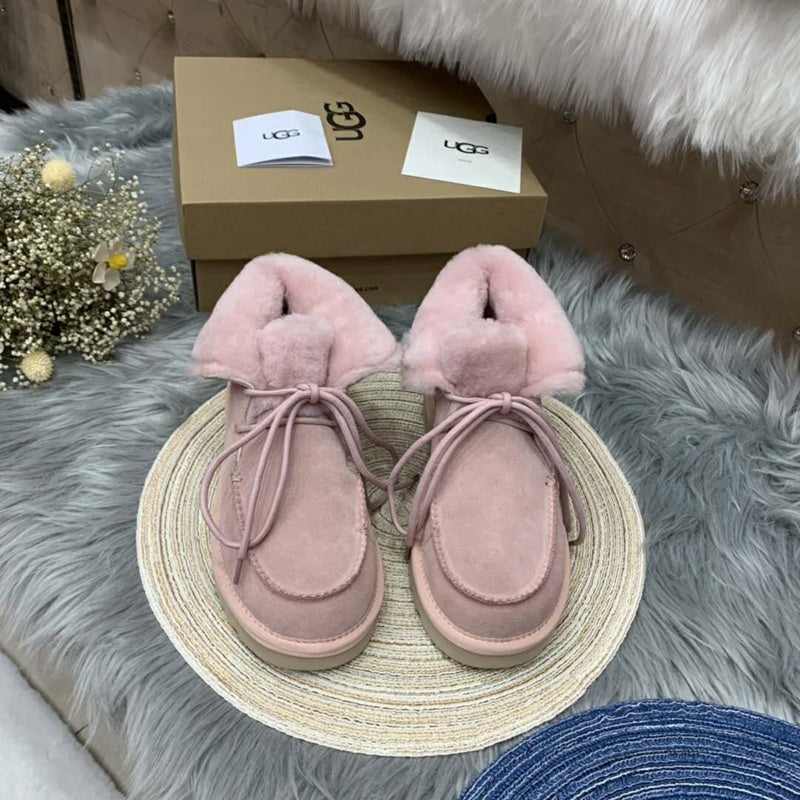 Pink Lace-Up Ankle Boots with Turned-Out Fluffy Trim | 3090