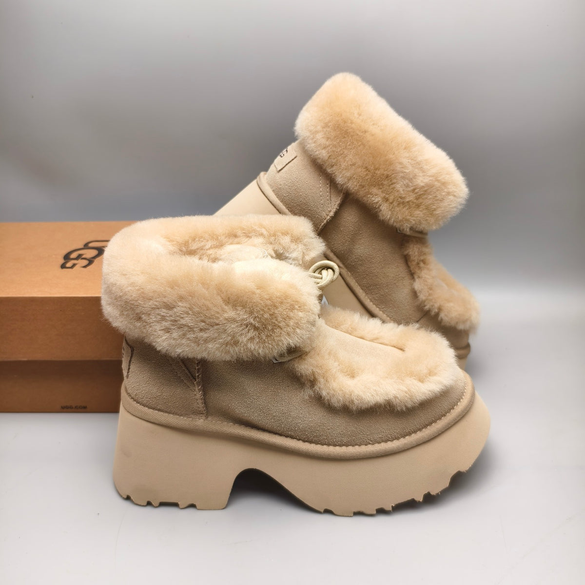Mustard Lace-Up Wedge Ankle Boots with Fluffy Trim | 1532