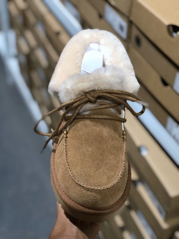 Chestnut Lace-Up Ankle Boots with Turned-Out Fluffy Trim | 3090
