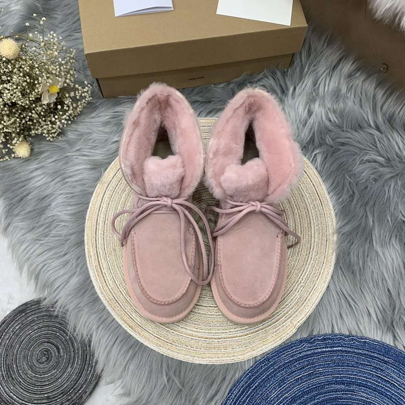 Pink Lace-Up Ankle Boots with Turned-Out Fluffy Trim | 3090