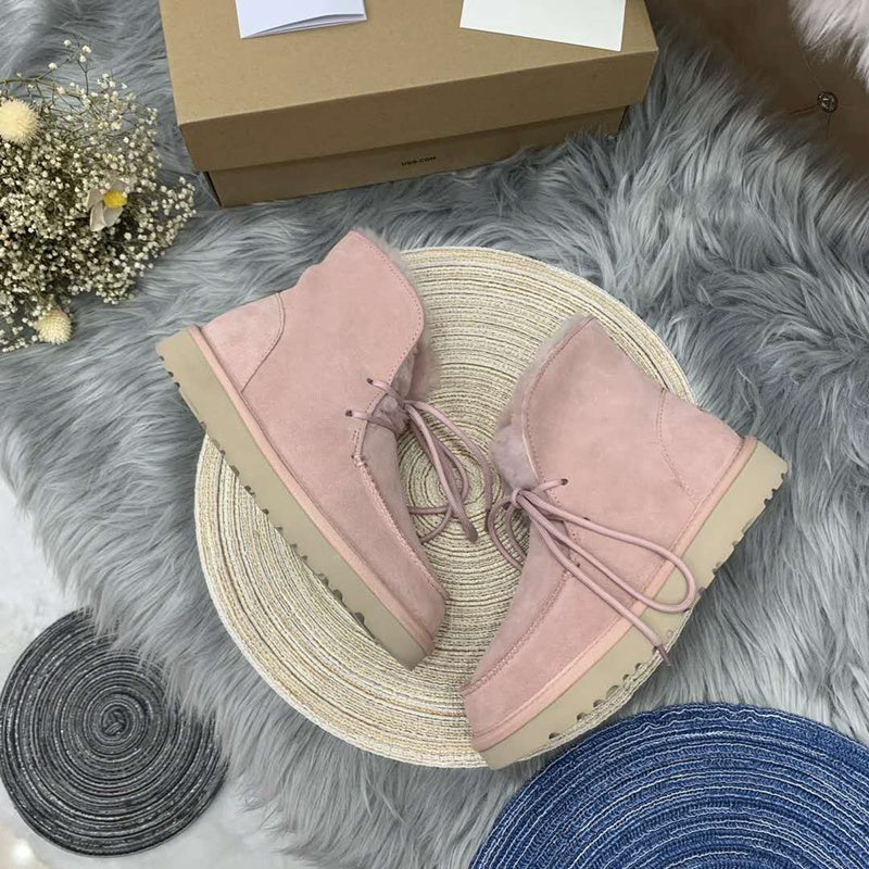 Pink Lace-Up Ankle Boots with Turned-Out Fluffy Trim | 3090